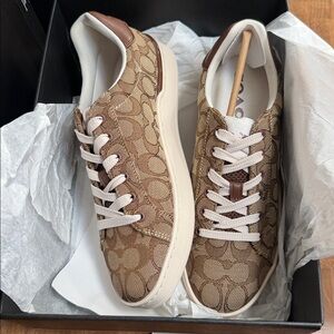 Coach Brown Logo Canvas Sneakers with Cream Soles